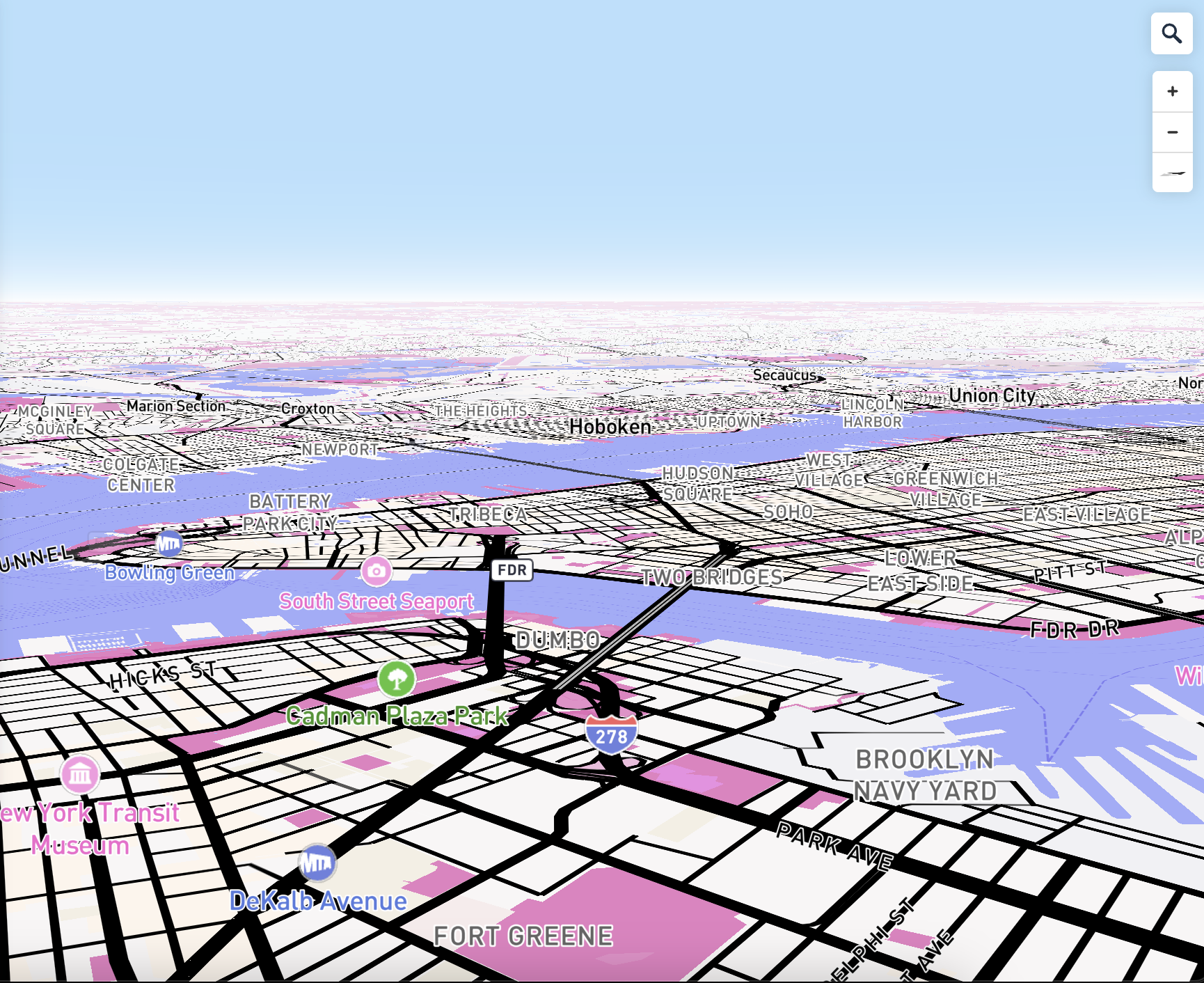 Pink-Blue 3D New York Region: Visual effects for Road & Transit Network and Water Color modified.